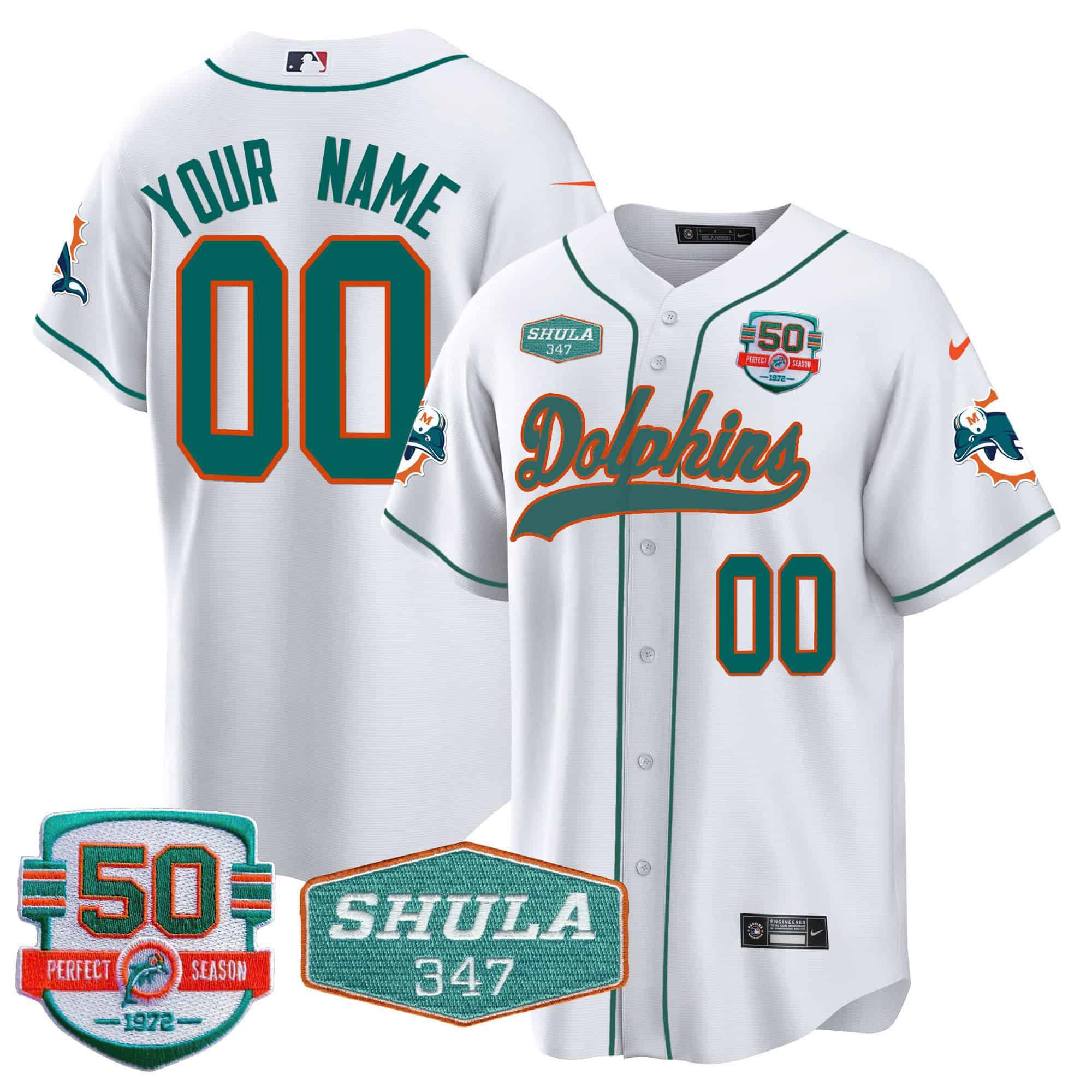Men Miami Dolphins White 2024 Nike 50th Don Shula Memorial Patch Baseball Custom NFL Jersey
